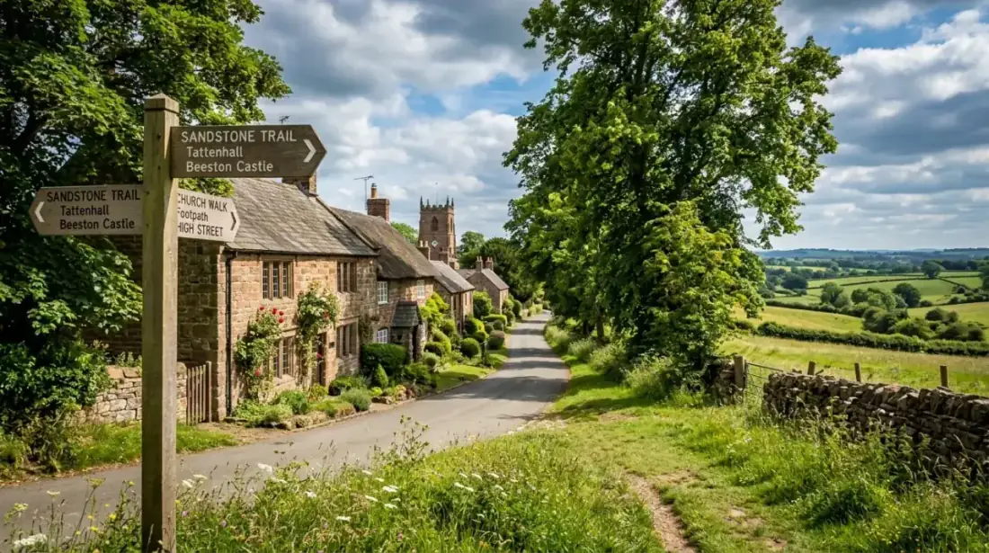 Helsby village in Cheshire with Helsby Hill and sandstone cottages