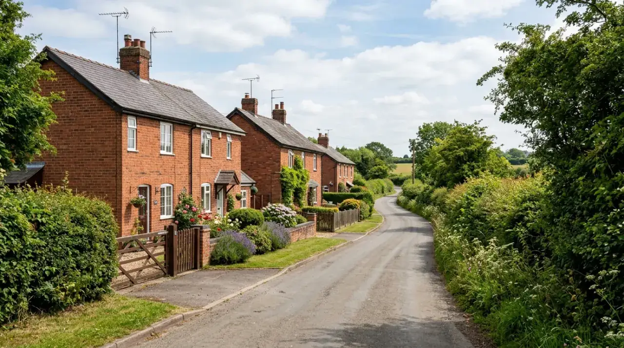 Mickle Trafford village lane near Chester with red brick cottages