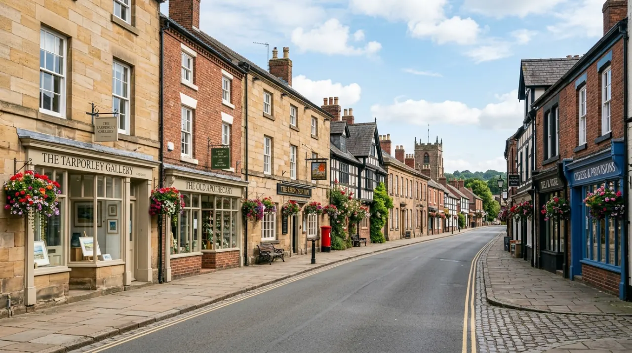 Tarporley high street in Cheshire with Georgian frontages and independent shops