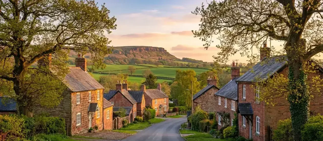 Cheshire commuter village street near Chester with countryside views